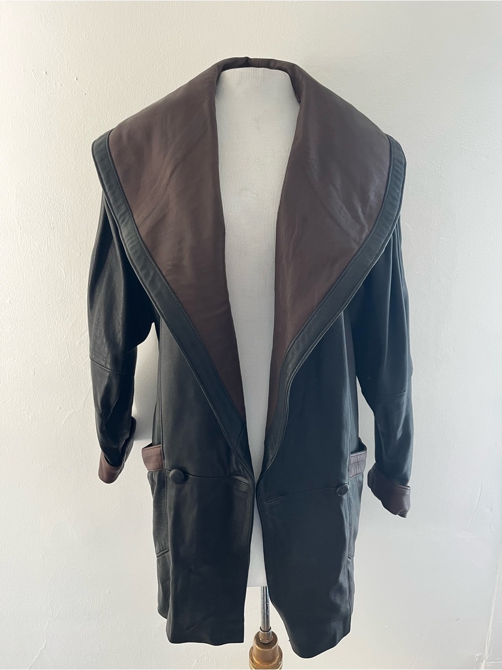 Men's Two-Tone Leather Coat with Shawl Collar - Brown/Black